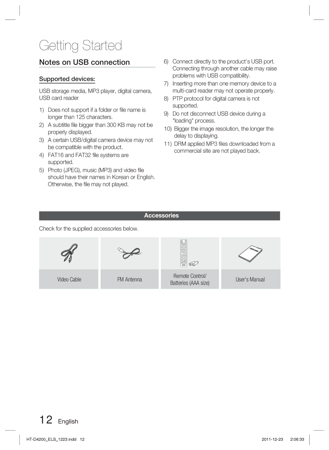 Samsung HT-D4200/XN, HT-D4200/EN, HT-D4200/ZF, HT-D4200/XE manual Supported devices, Accessories 