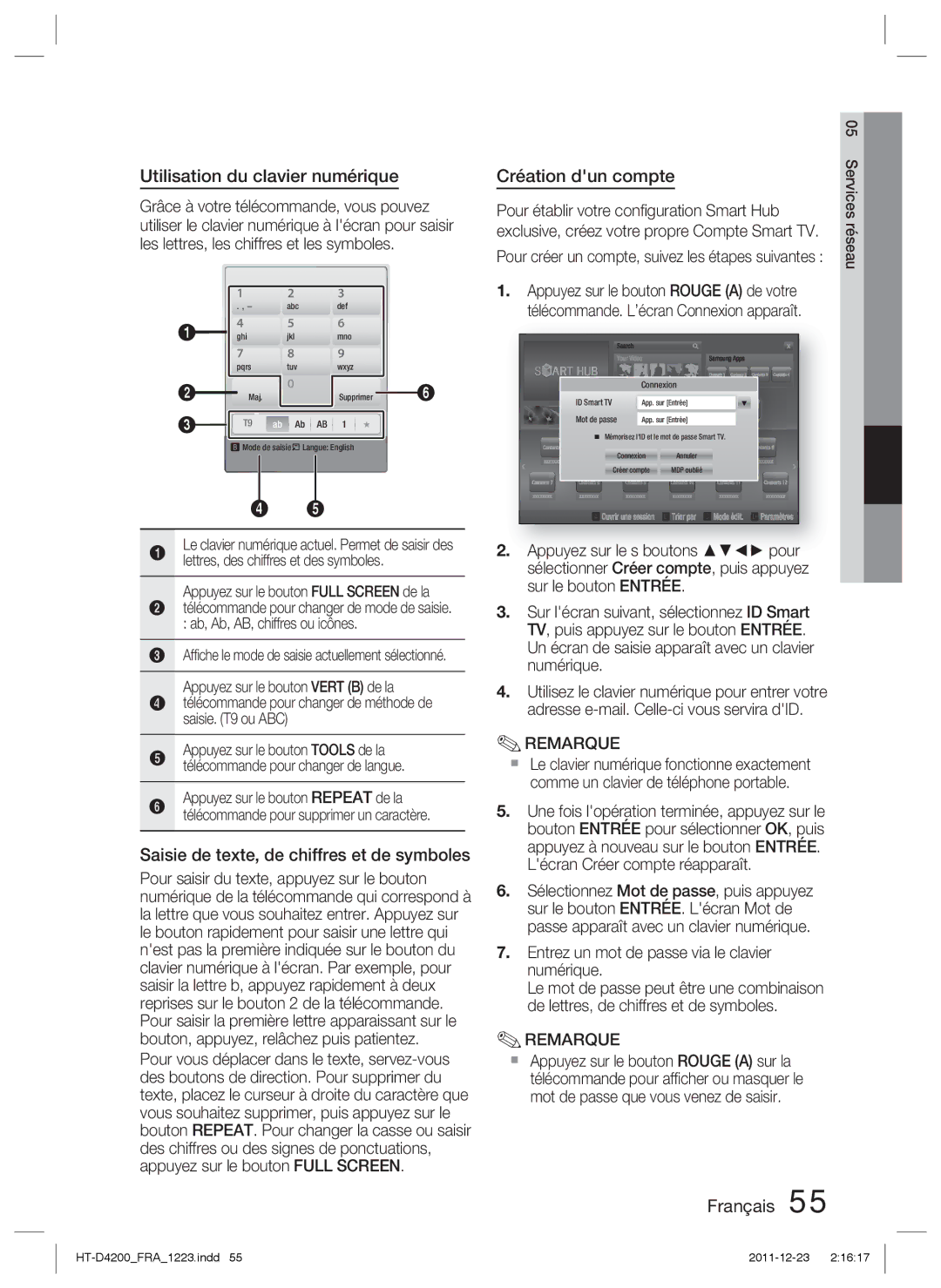 Samsung HT-D4200/XE Utilisation du clavier numérique, Saisie de texte, de chiffres et de symboles, Création dun compte 