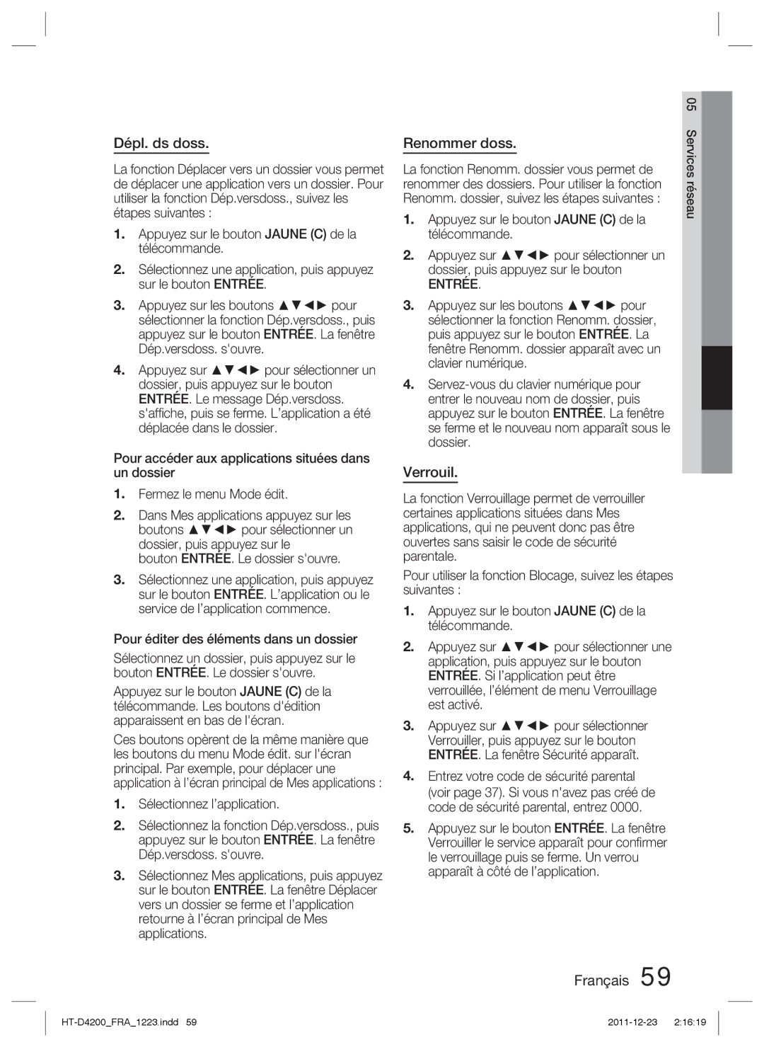 Samsung HT-D4200/XE, HT-D4200/XN, HT-D4200/EN, HT-D4200/ZF manual Dépl. ds doss, Renommer doss, Verrouil 