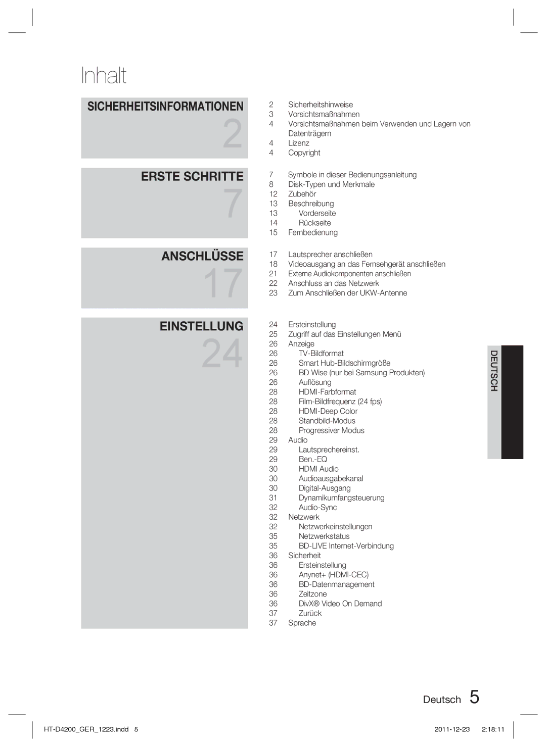 Samsung HT-D4200/EN, HT-D4200/XN, HT-D4200/ZF, HT-D4200/XE manual Inhalt 