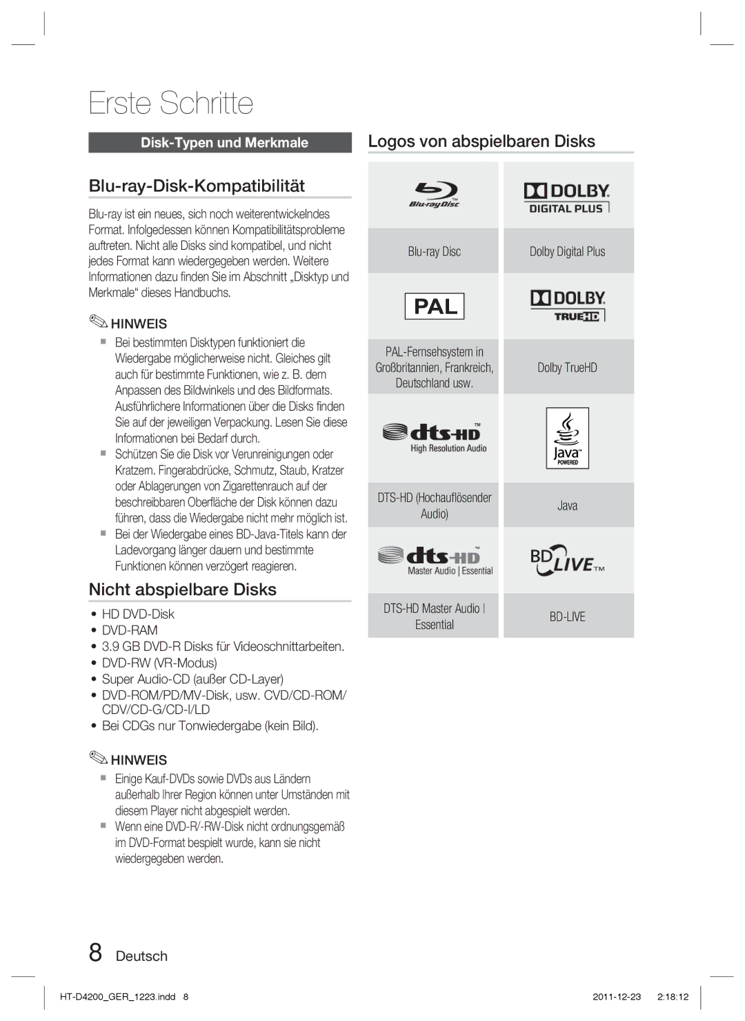 Samsung HT-D4200/XN manual Blu-ray-Disk-Kompatibilität, Nicht abspielbare Disks, Disk-Typen und Merkmale, HD DVD-Disk 