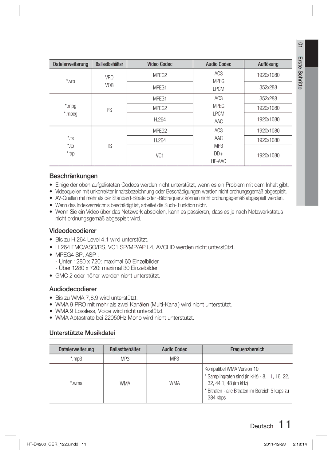 Samsung HT-D4200/XE, HT-D4200/XN, HT-D4200/EN Beschränkungen, Videodecodierer, Audiodecodierer, Unterstützte Musikdatei 