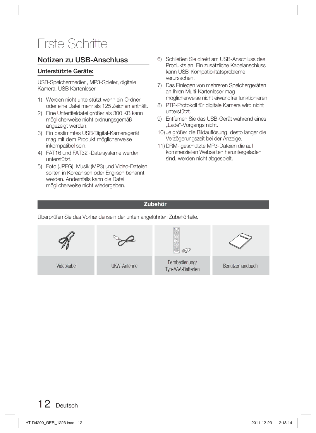 Samsung HT-D4200/XN, HT-D4200/EN, HT-D4200/ZF, HT-D4200/XE manual Notizen zu USB-Anschluss, Unterstützte Geräte, Zubehör 