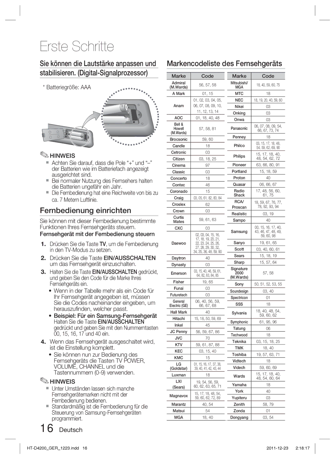 Samsung HT-D4200/XN manual Markencodeliste des Fernsehgeräts, Fernbedienung einrichten, Batteriegröße AAA, Marke Code 