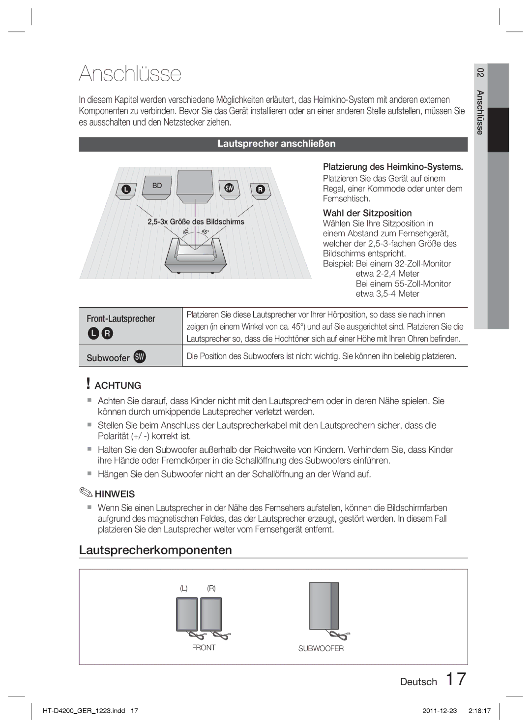 Samsung HT-D4200/EN manual Anschlüsse, Lautsprecherkomponenten, Lautsprecher anschließen, Front-Lautsprecher Subwoofer g 