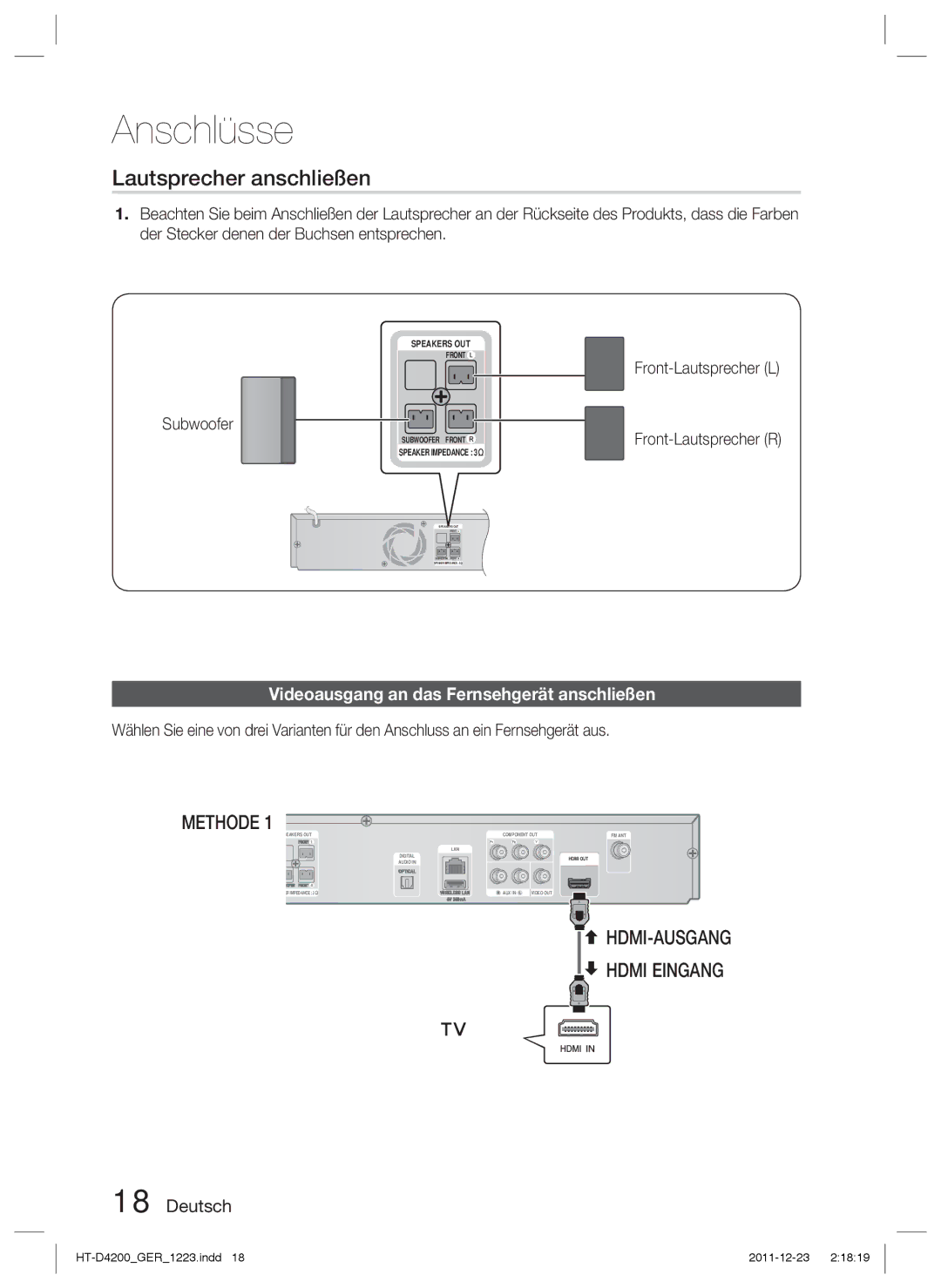 Samsung HT-D4200/ZF, HT-D4200/XN, HT-D4200/EN manual Lautsprecher anschließen, Videoausgang an das Fernsehgerät anschließen 