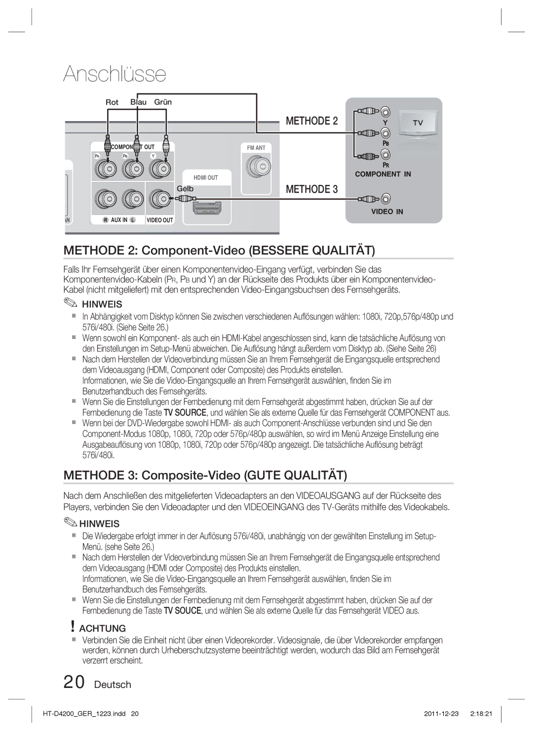 Samsung HT-D4200/XN, HT-D4200/EN manual Methode 2 Component-Video Bessere Qualität, Methode 3 Composite-Video Gute Qualität 