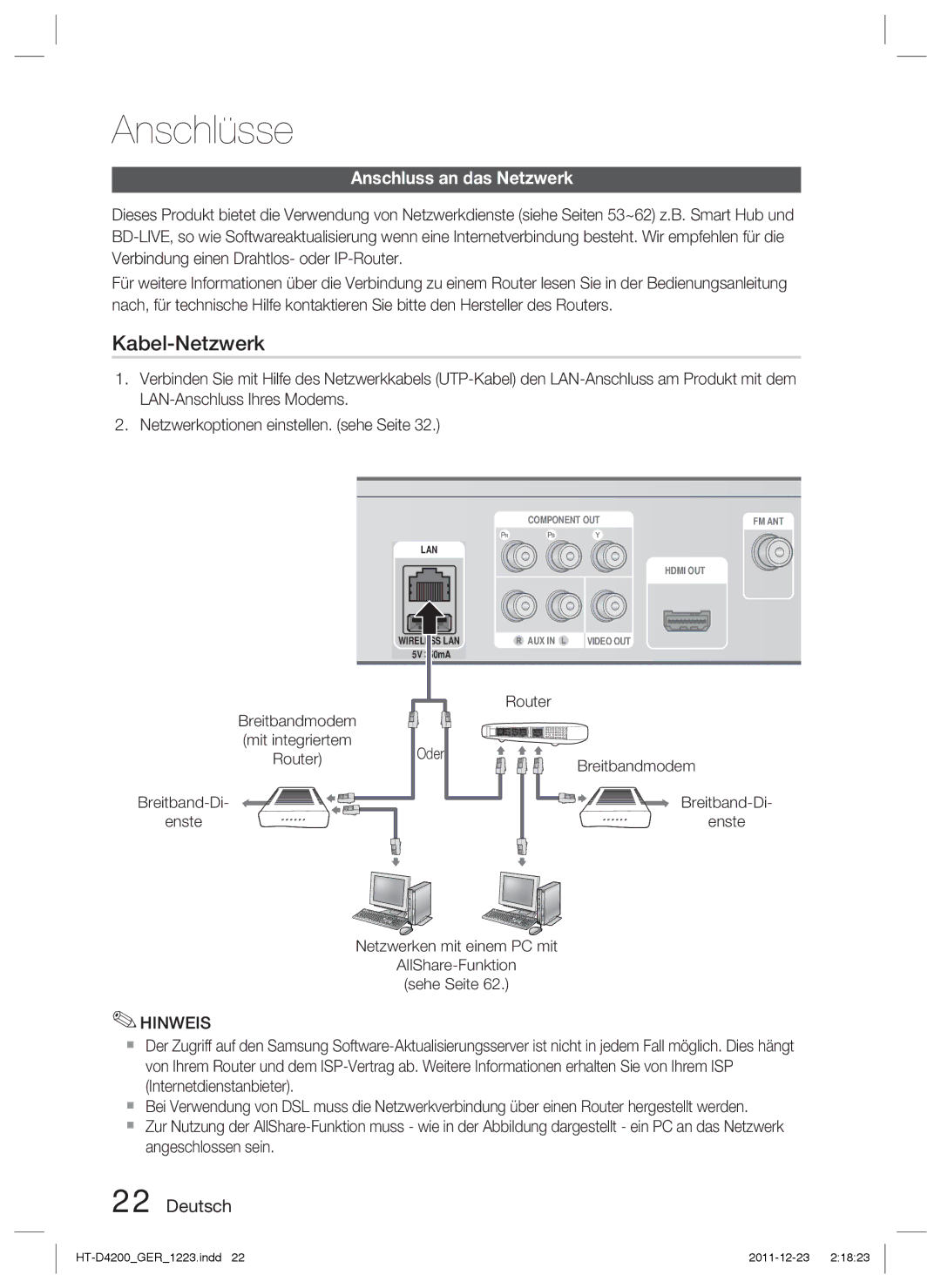 Samsung HT-D4200/ZF, HT-D4200/XN Anschluss an das Netzwerk, Breitbandmodem, Breitband-Di Enste, Mit integriertem, Router 