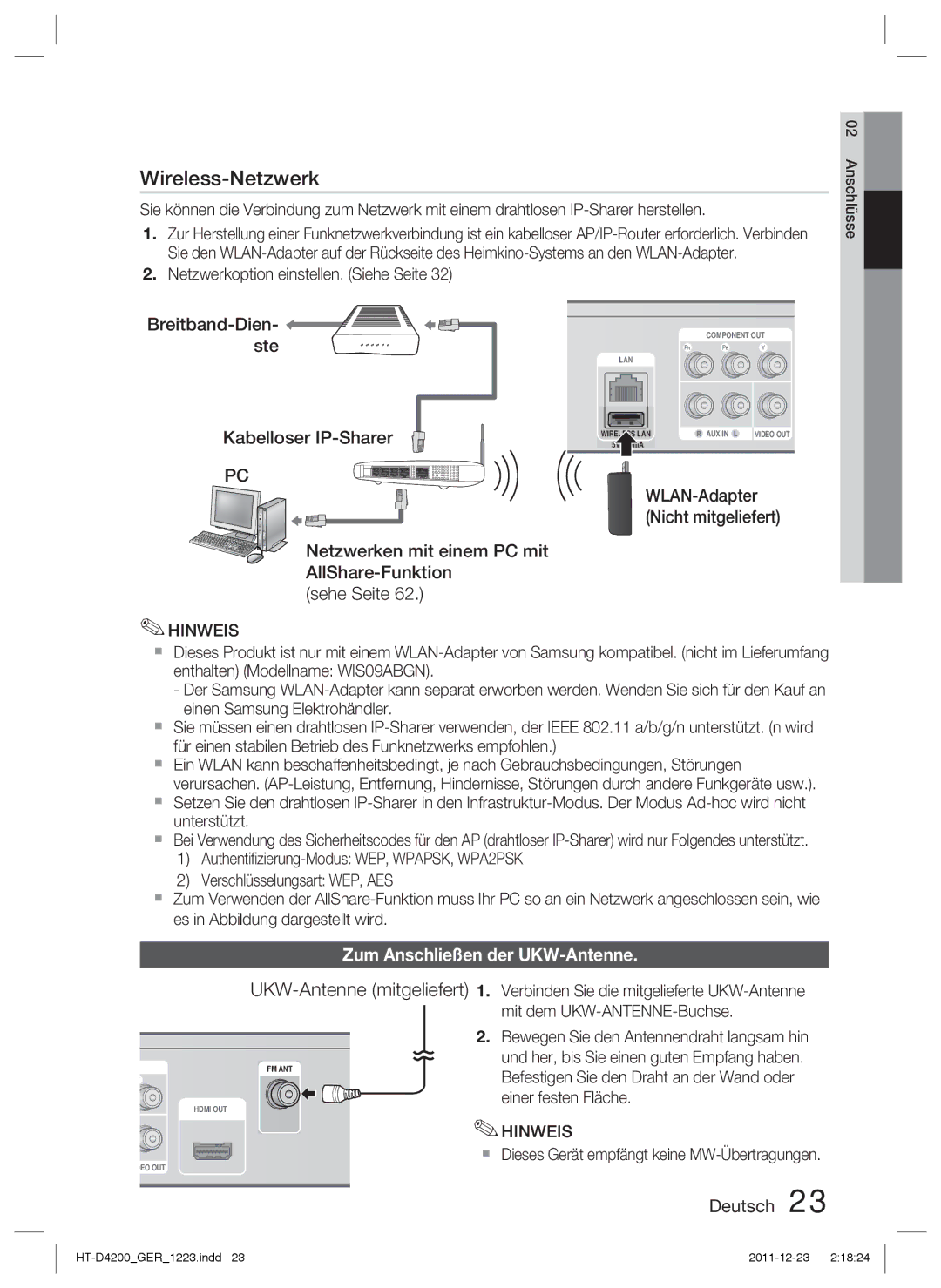 Samsung HT-D4200/XE, HT-D4200/XN, HT-D4200/EN manual Zum Anschließen der UKW-Antenne, Netzwerkoption einstellen. Siehe Seite 