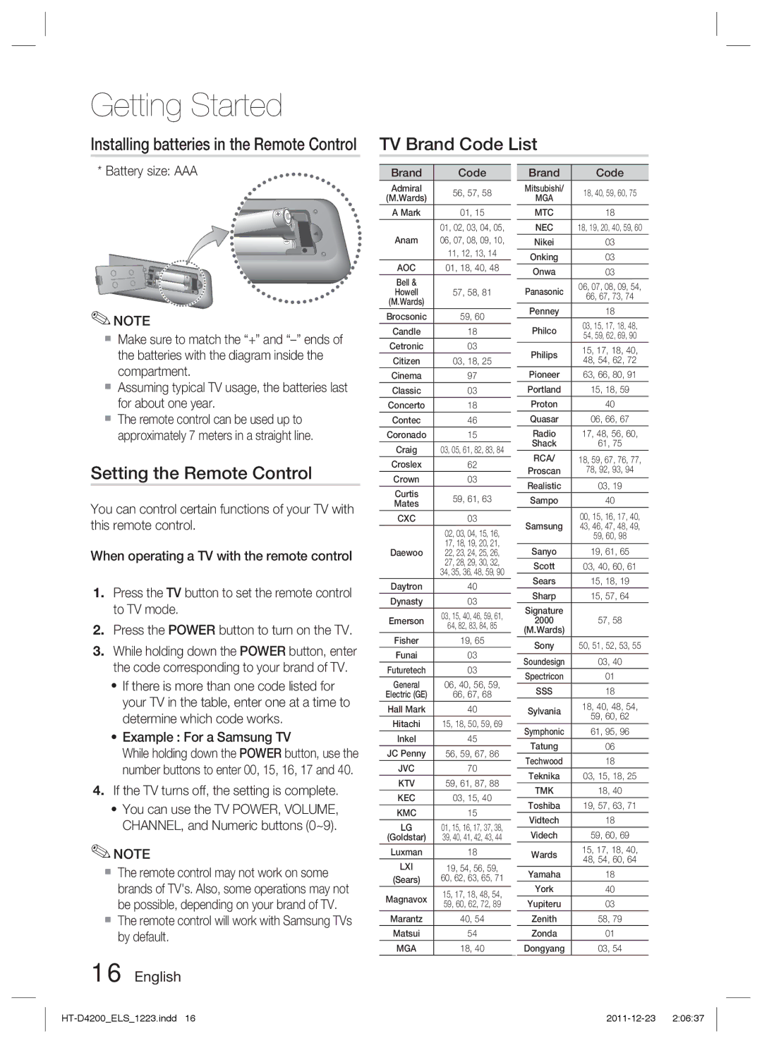 Samsung HT-D4200/XN manual TV Brand Code List, Setting the Remote Control, Installing batteries in the Remote Control 