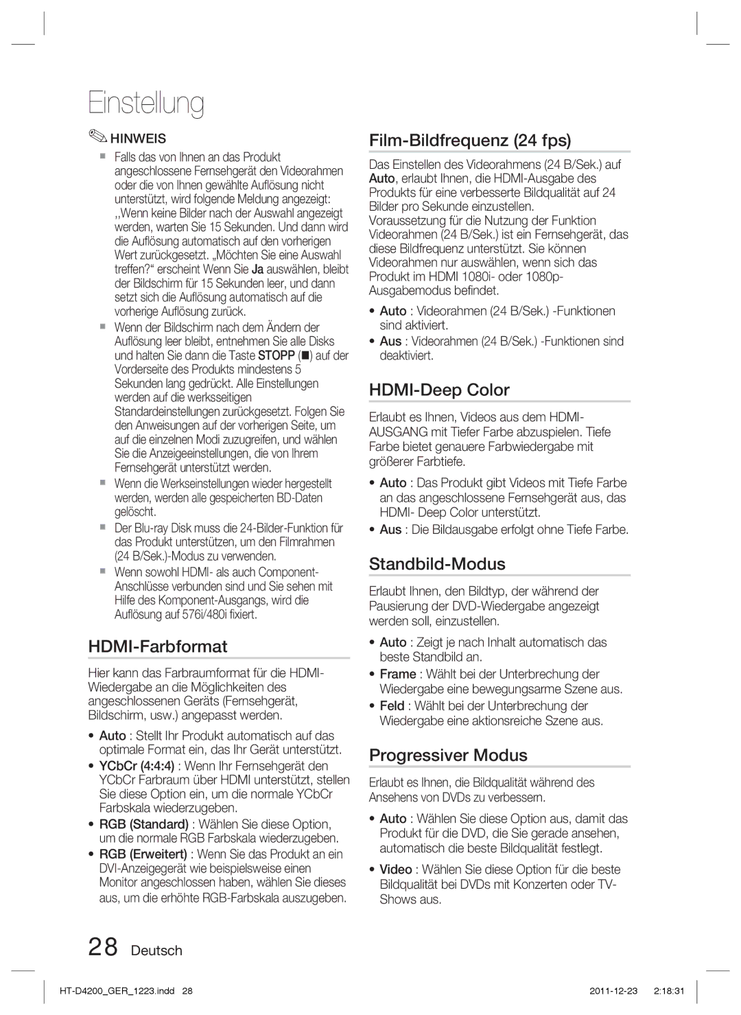 Samsung HT-D4200/XN manual HDMI-Farbformat, Film-Bildfrequenz 24 fps, HDMI-Deep Color, Standbild-Modus, Progressiver Modus 