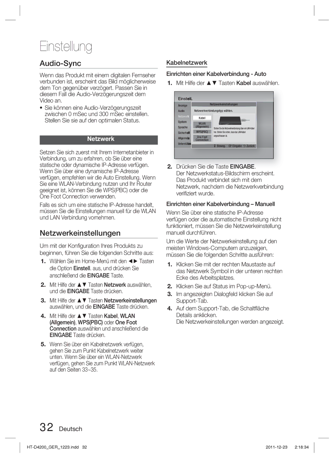 Samsung HT-D4200/XN, HT-D4200/EN, HT-D4200/ZF, HT-D4200/XE manual Audio-Sync, Netzwerkeinstellungen, Kabelnetzwerk 