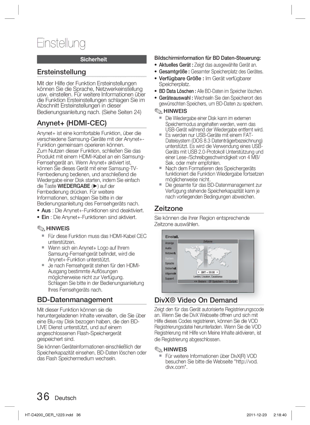 Samsung HT-D4200/XN, HT-D4200/EN, HT-D4200/ZF, HT-D4200/XE manual Ersteinstellung, BD-Datenmanagement, Zeitzone, Sicherheit 