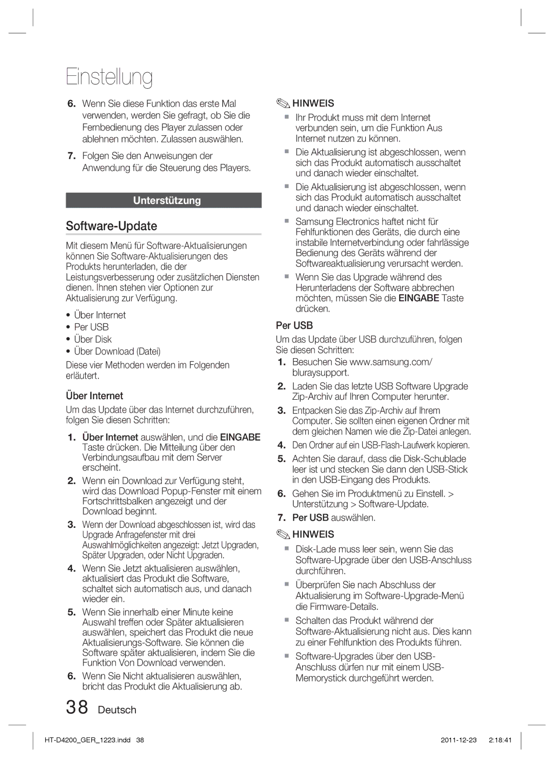 Samsung HT-D4200/ZF Software-Update, Unterstützung, Über Internet, Per USB, Den Ordner auf ein USB-Flash-Laufwerk kopieren 