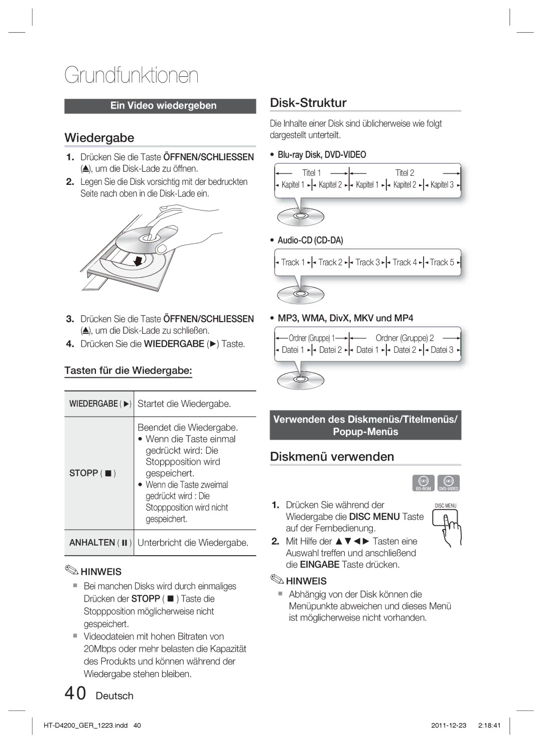 Samsung HT-D4200/XN, HT-D4200/EN, HT-D4200/ZF, HT-D4200/XE Grundfunktionen, Wiedergabe, Disk-Struktur, Diskmenü verwenden 