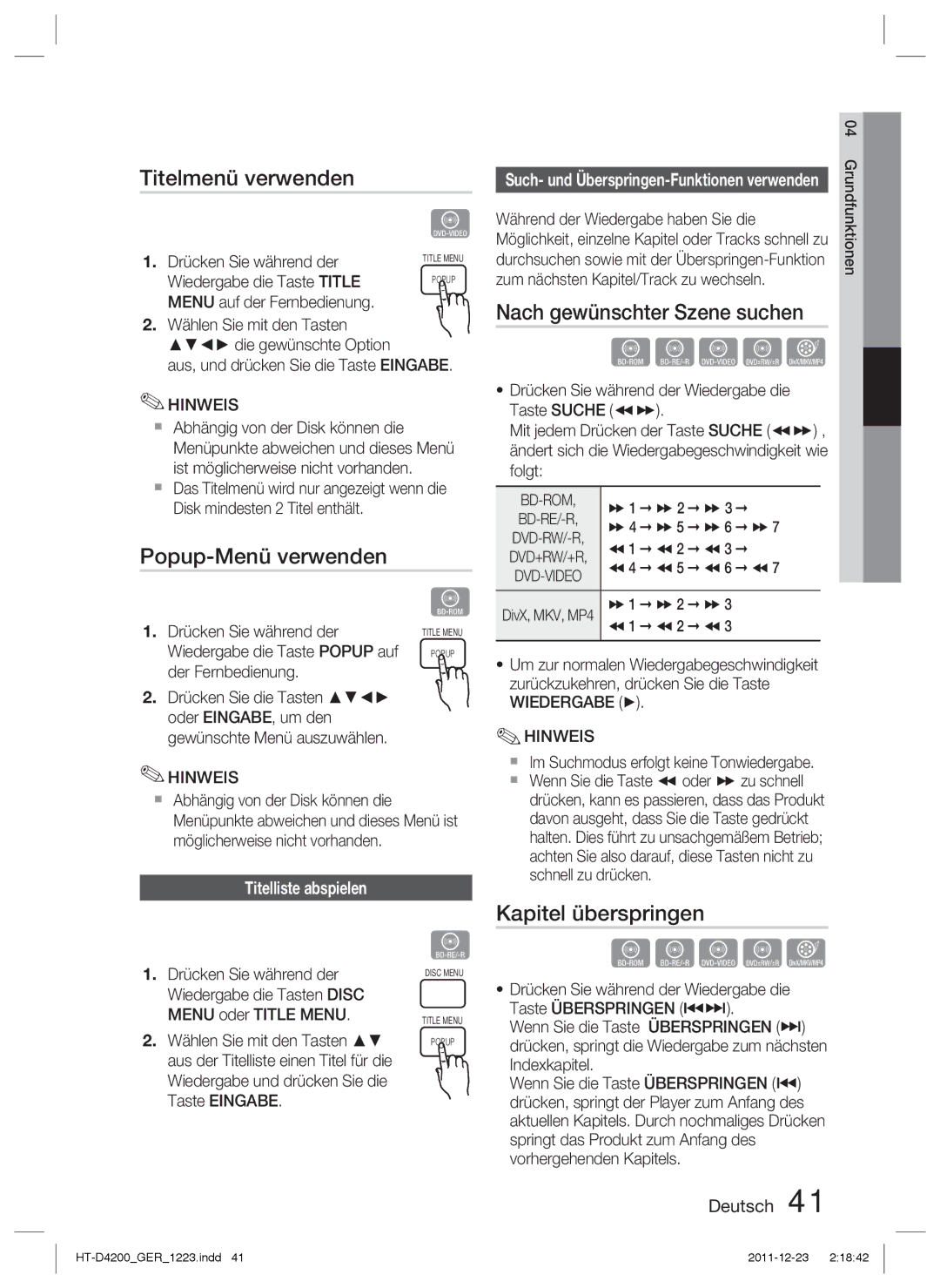 Samsung HT-D4200/EN manual Titelmenü verwenden, Popup-Menü verwenden, Nach gewünschter Szene suchen, Kapitel überspringen 