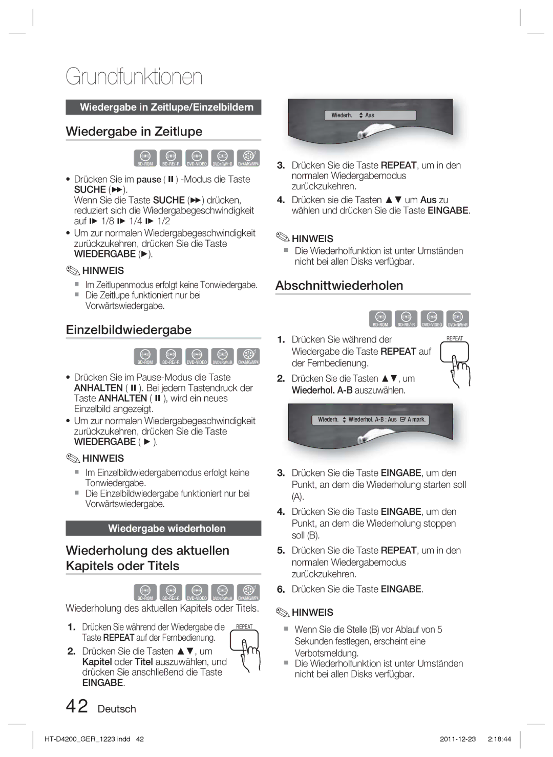 Samsung HT-D4200/ZF manual Wiedergabe in Zeitlupe, Einzelbildwiedergabe, Wiederholung des aktuellen Kapitels oder Titels 