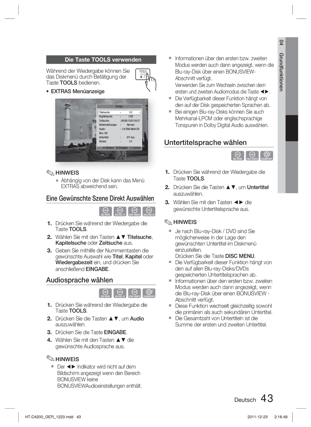 Samsung HT-D4200/XE, HT-D4200/XN, HT-D4200/EN manual Audiosprache wählen, Untertitelsprache wählen, Die Taste Tools verwenden 