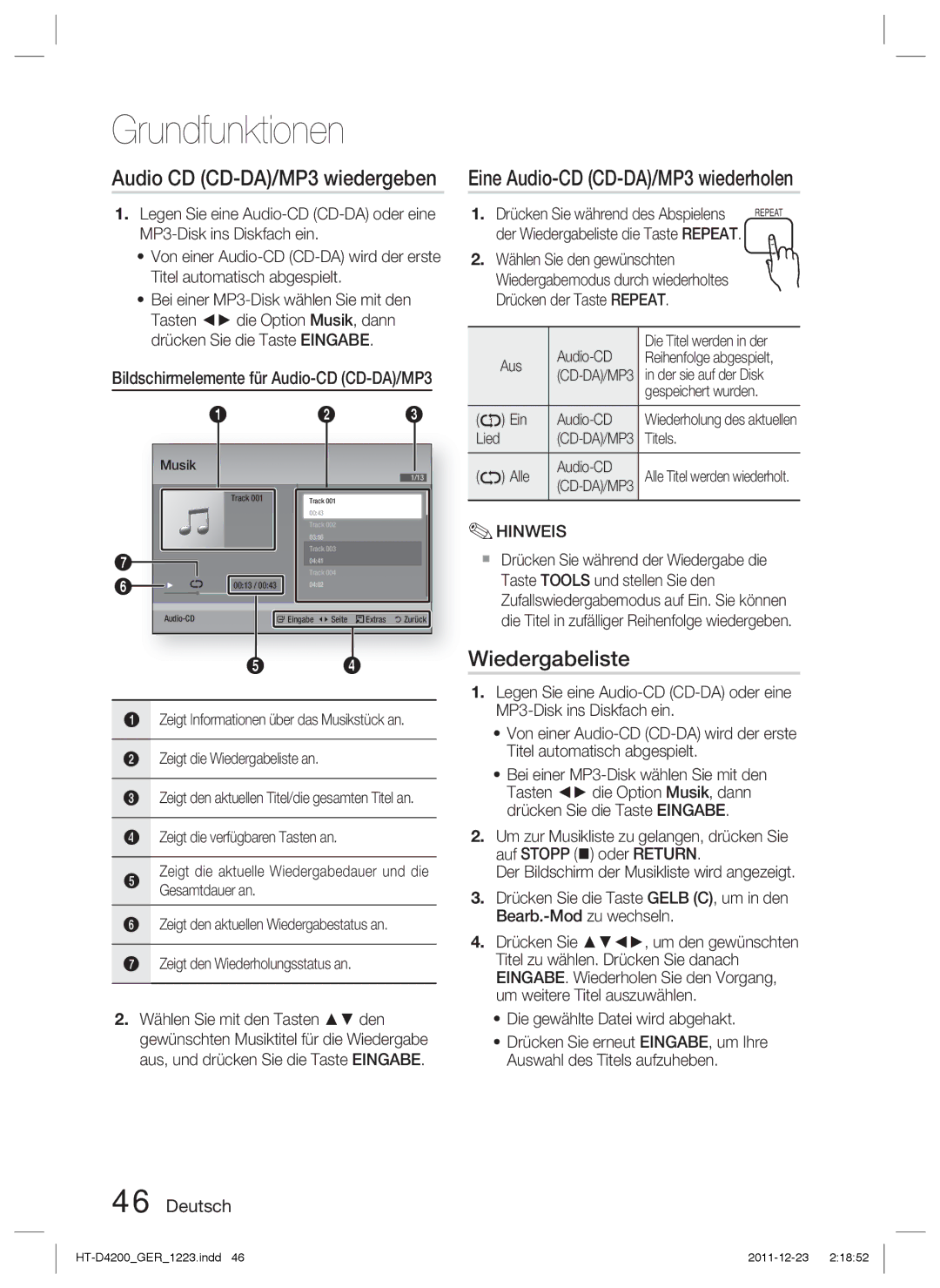 Samsung HT-D4200/ZF, HT-D4200/XN, HT-D4200/EN, HT-D4200/XE manual Eine Audio-CD CD-DA/MP3 wiederholen, Wiedergabeliste 