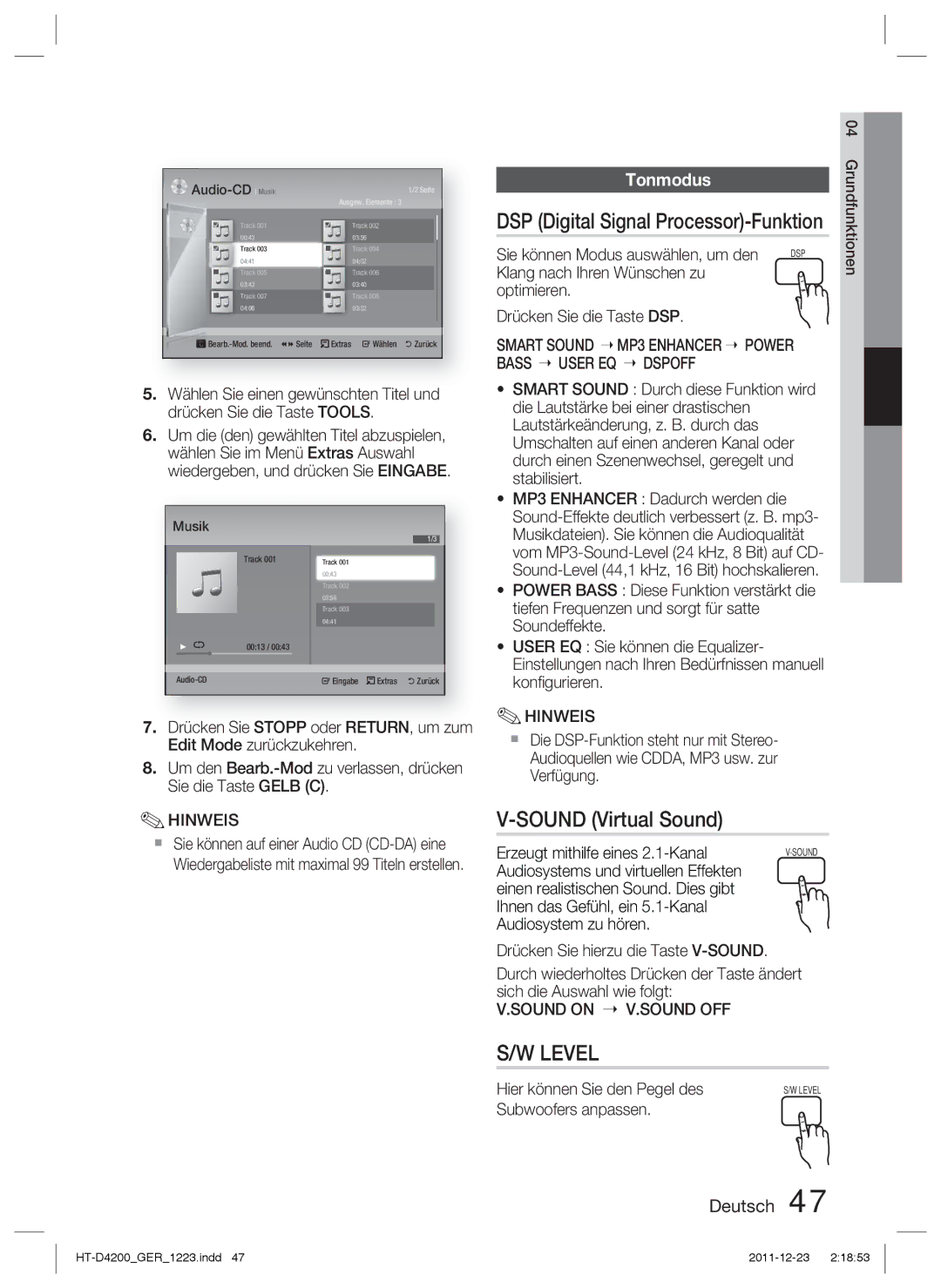 Samsung HT-D4200/XE, HT-D4200/XN manual DSP Digital Signal Processor-Funktion, Tonmodus, Sie können Modus auswählen, um den 