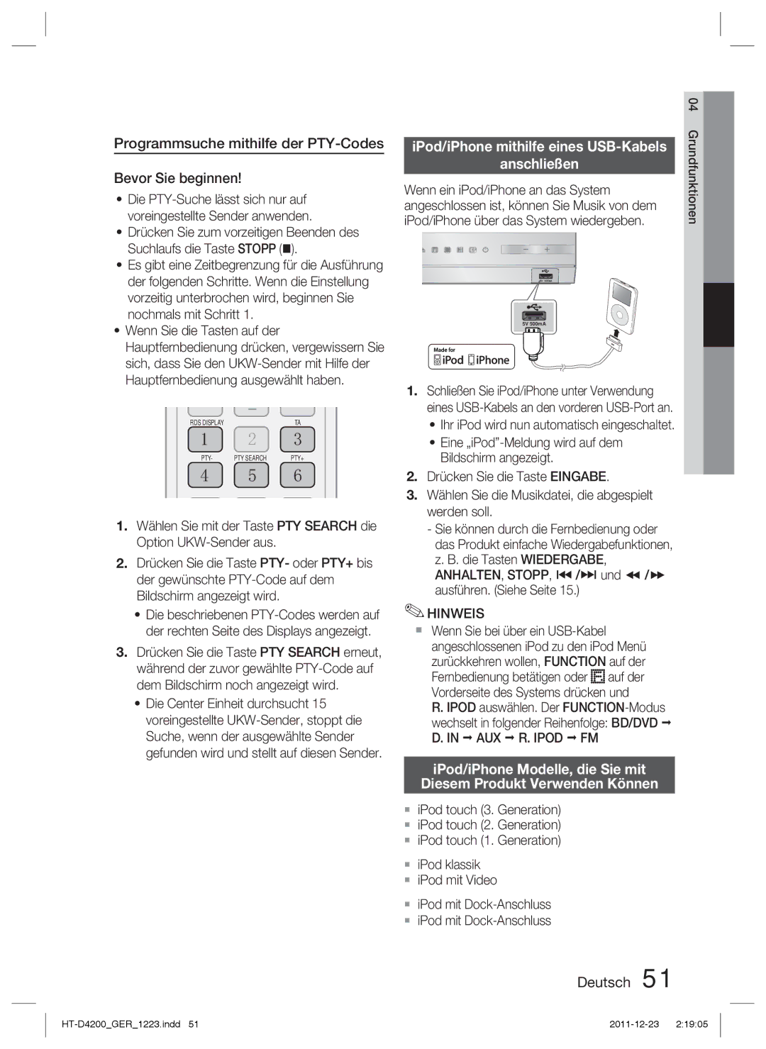 Samsung HT-D4200/XE manual Programmsuche mithilfe der PTY-Codes Bevor Sie beginnen, IPod/iPhone mithilfe eines USB-Kabels 