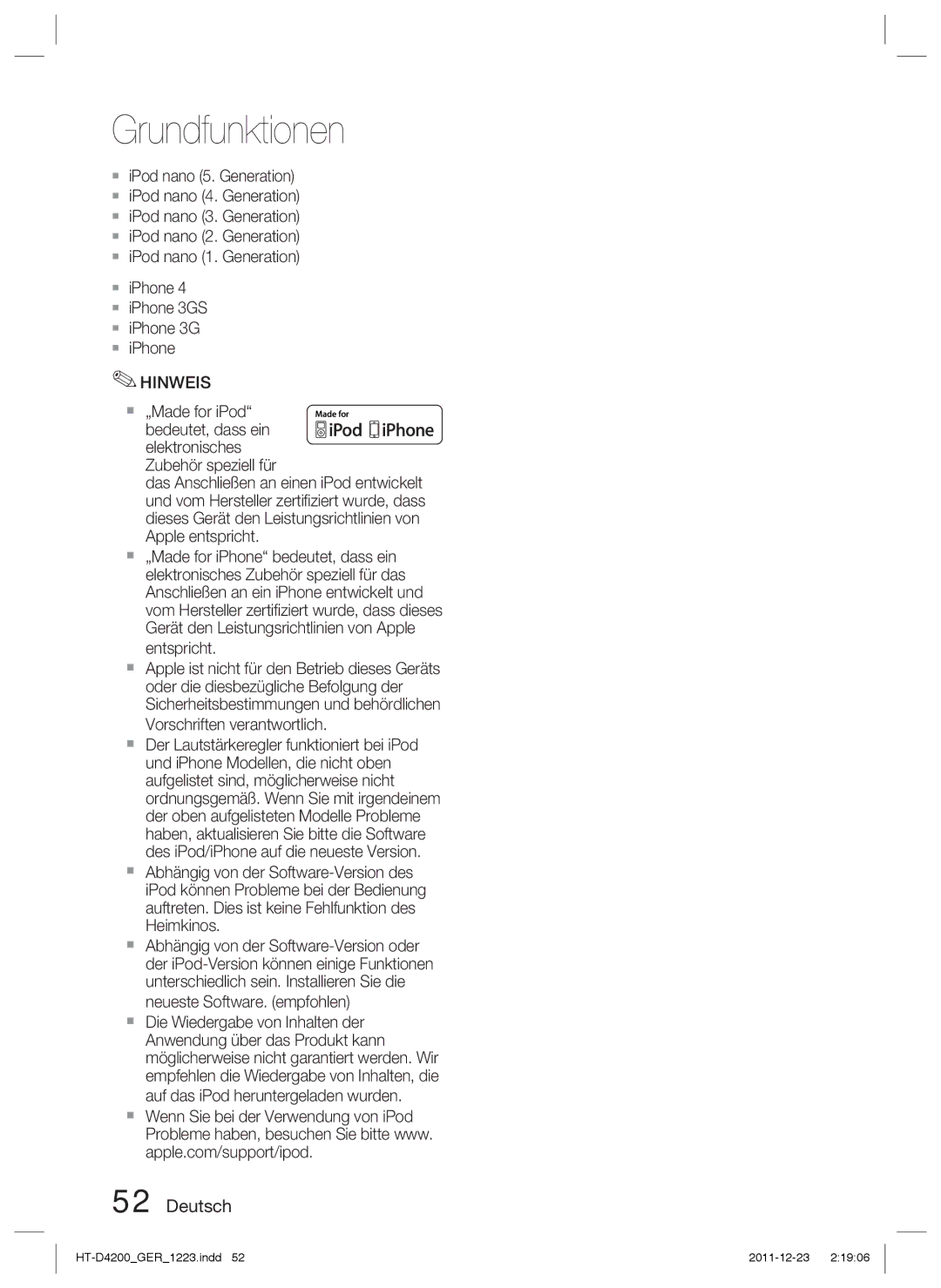 Samsung HT-D4200/XN, HT-D4200/EN, HT-D4200/ZF, HT-D4200/XE manual Grundfunktionen 