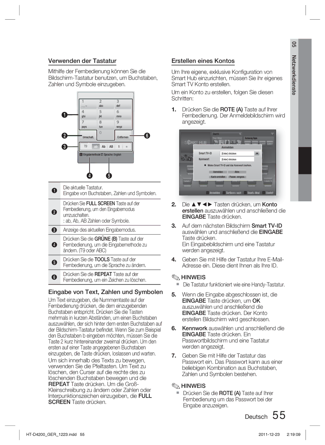 Samsung HT-D4200/XE, HT-D4200/XN Verwenden der Tastatur, Eingabe von Text, Zahlen und Symbolen, Erstellen eines Kontos 