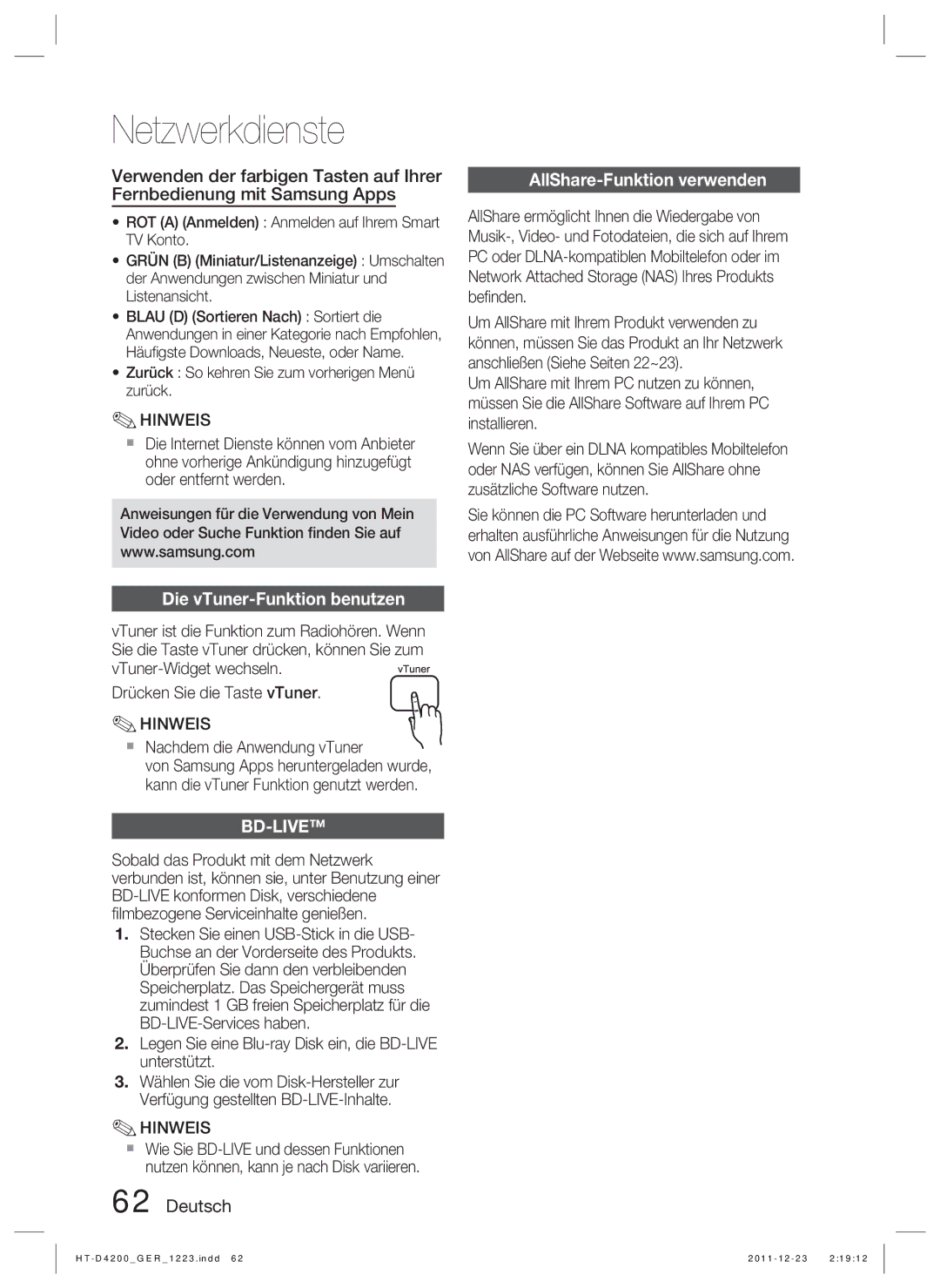 Samsung HT-D4200/ZF, HT-D4200/XN Die vTuner-Funktion benutzen, AllShare-Funktion verwenden,  Nachdem die Anwendung vTuner 