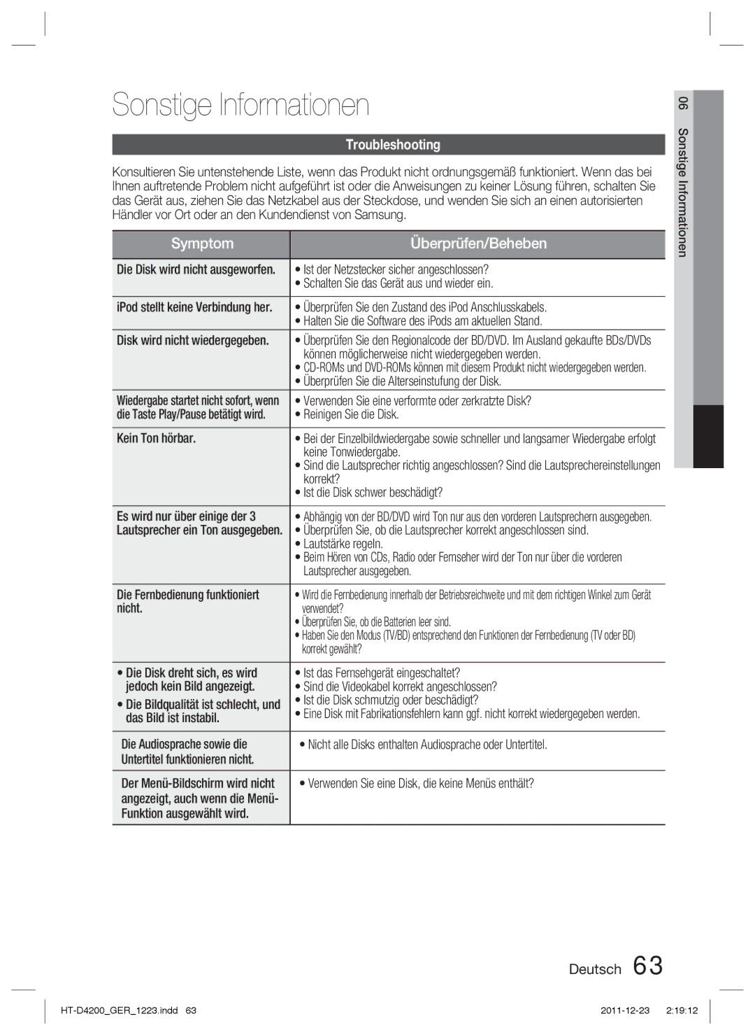 Samsung HT-D4200/XE, HT-D4200/XN, HT-D4200/EN, HT-D4200/ZF manual Sonstige Informationen 