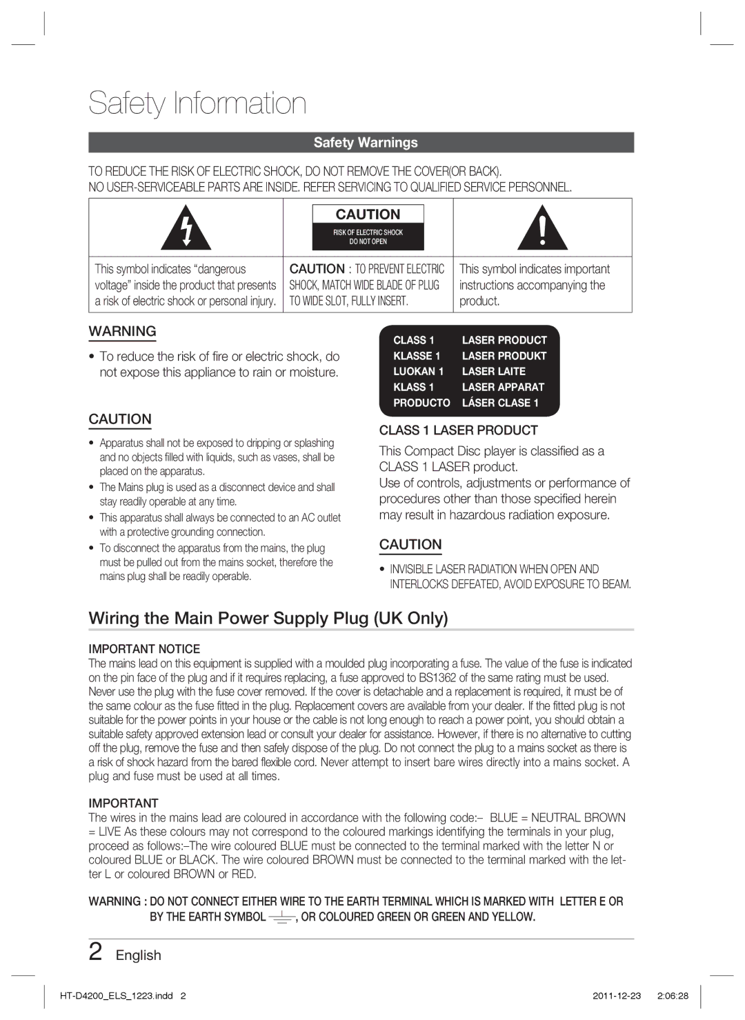 Samsung HT-D4200/ZF, HT-D4200/XN Safety Information, Wiring the Main Power Supply Plug UK Only, Safety Warnings, English 