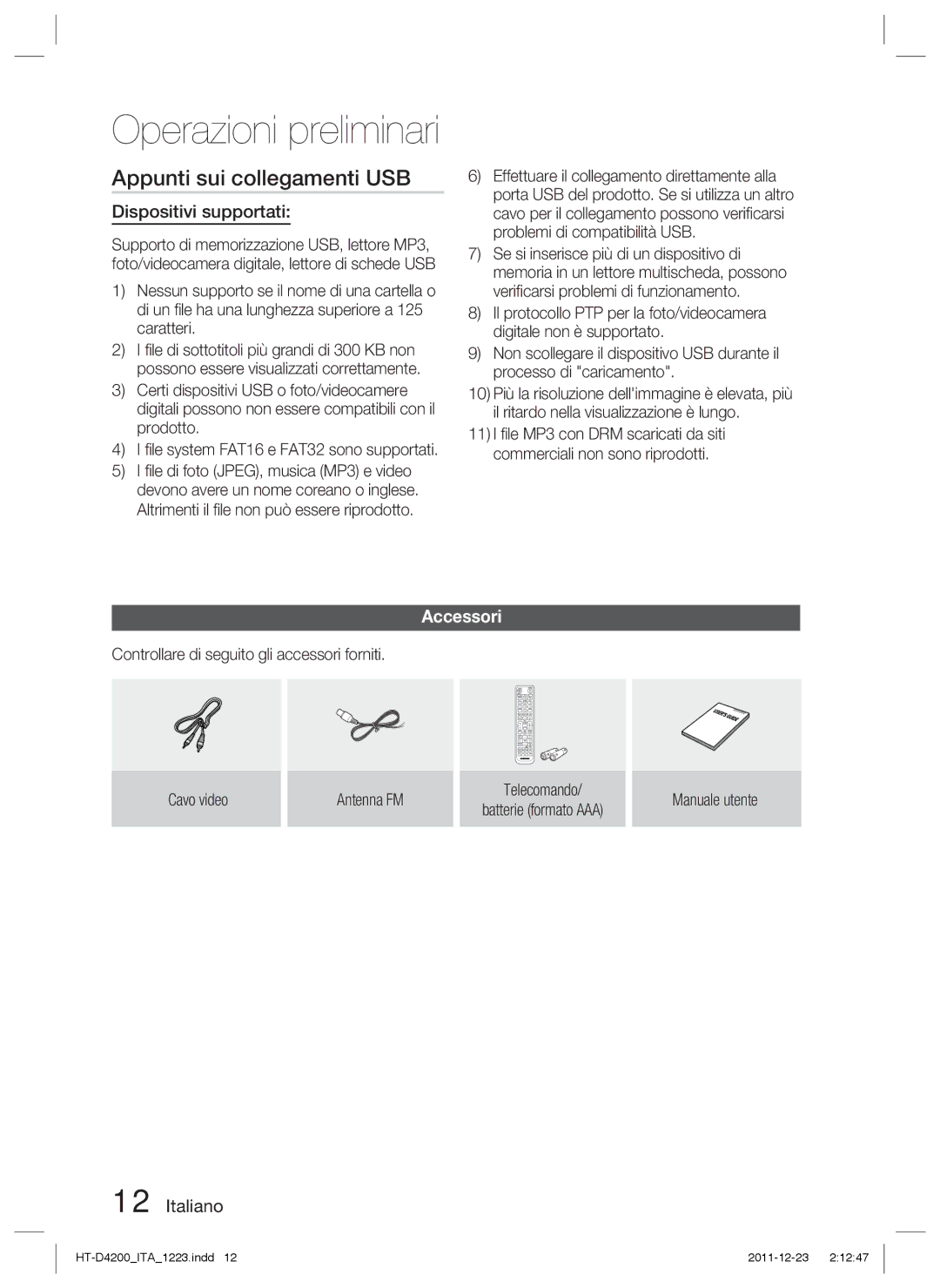 Samsung HT-D4200/XN, HT-D4200/EN, HT-D4200/ZF, HT-D4200/XE Appunti sui collegamenti USB, Dispositivi supportati, Accessori 