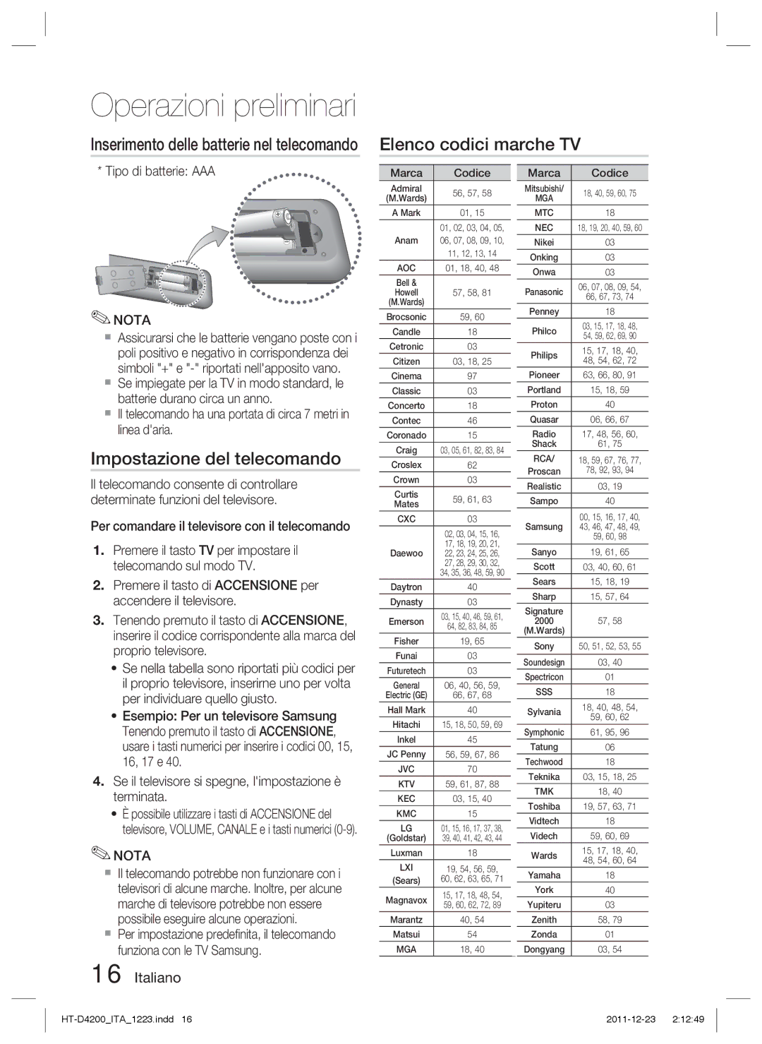 Samsung HT-D4200/XN Elenco codici marche TV, Impostazione del telecomando, Inserimento delle batterie nel telecomando 