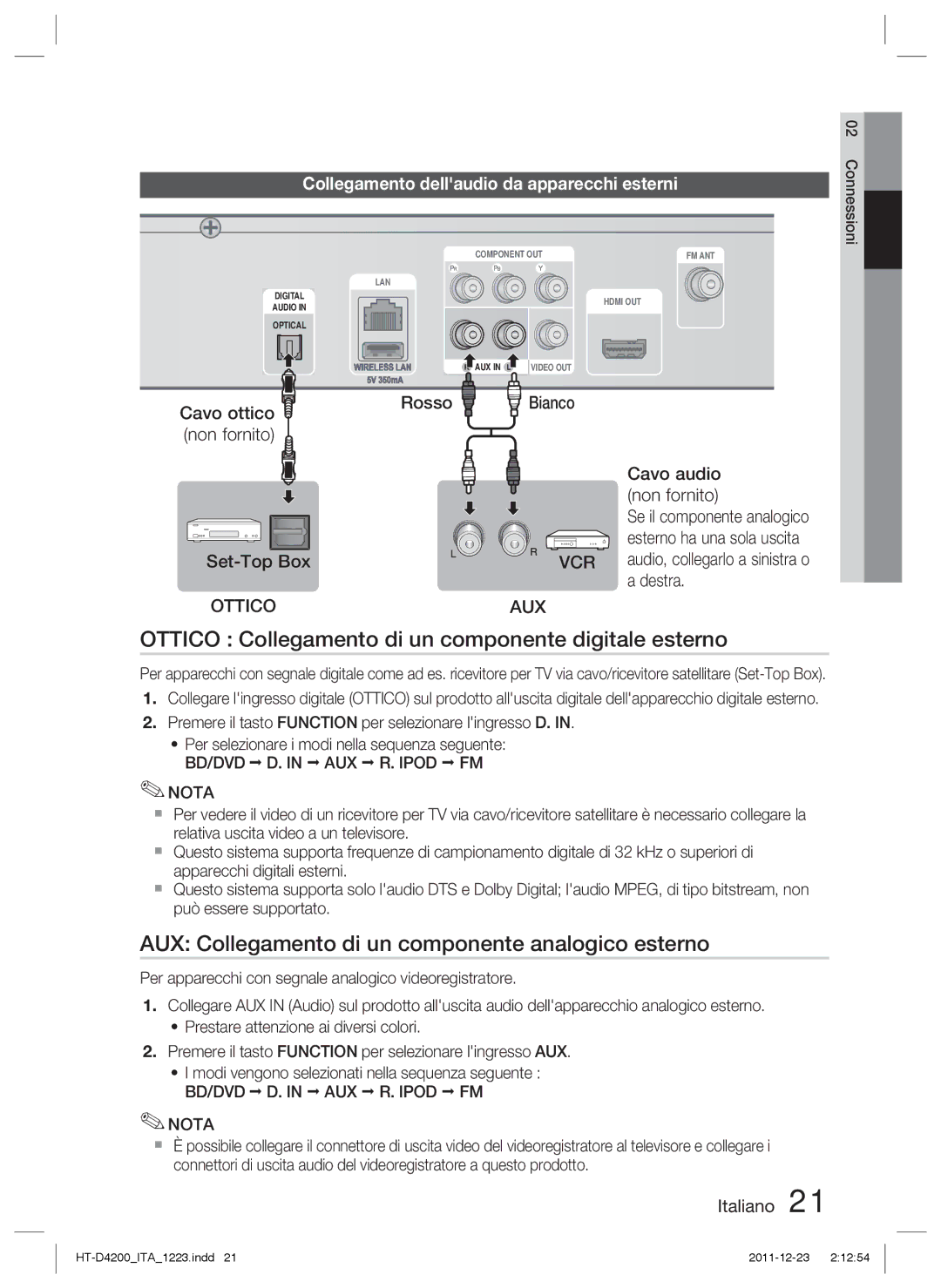 Samsung HT-D4200/EN Ottico Collegamento di un componente digitale esterno, Collegamento dellaudio da apparecchi esterni 