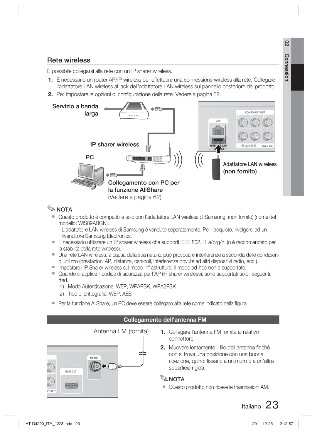 Samsung HT-D4200/XE manual Antenna FM fornita, Servizio a banda larga IP sharer wireless, Collegamento dellantenna FM 