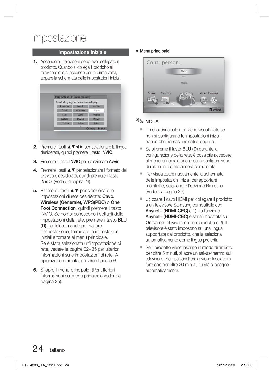 Samsung HT-D4200/XN, HT-D4200/EN, HT-D4200/ZF manual Impostazione iniziale, Premere il tasto Invio per selezionare Avvio 