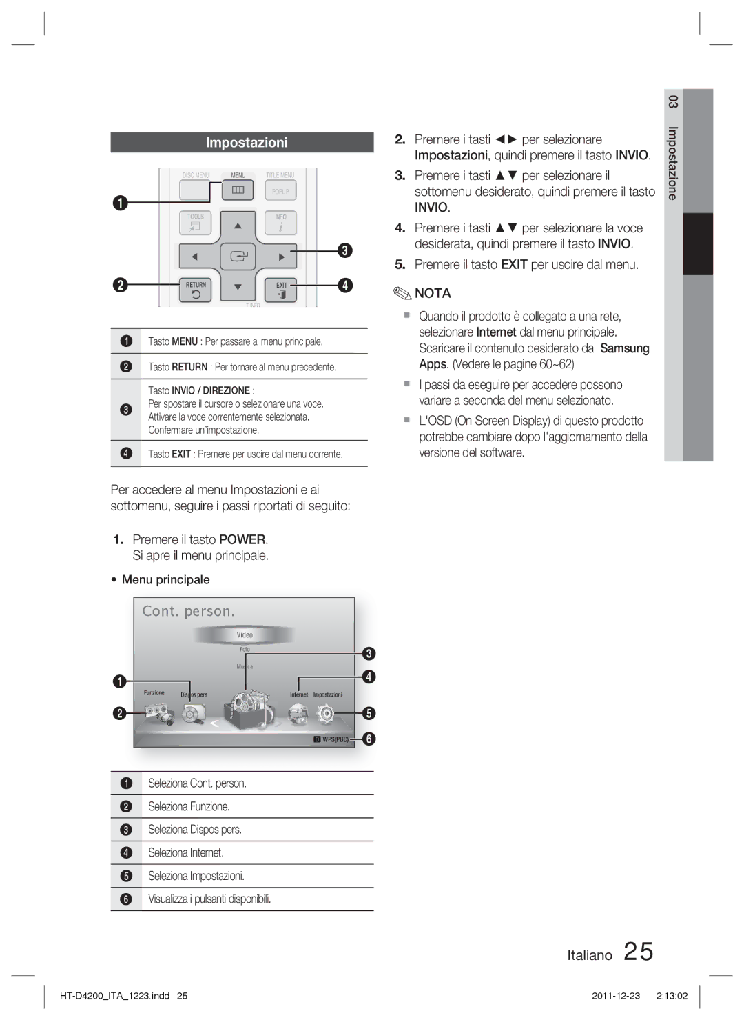 Samsung HT-D4200/EN, HT-D4200/XN, HT-D4200/ZF, HT-D4200/XE manual Impostazioni, Invio 