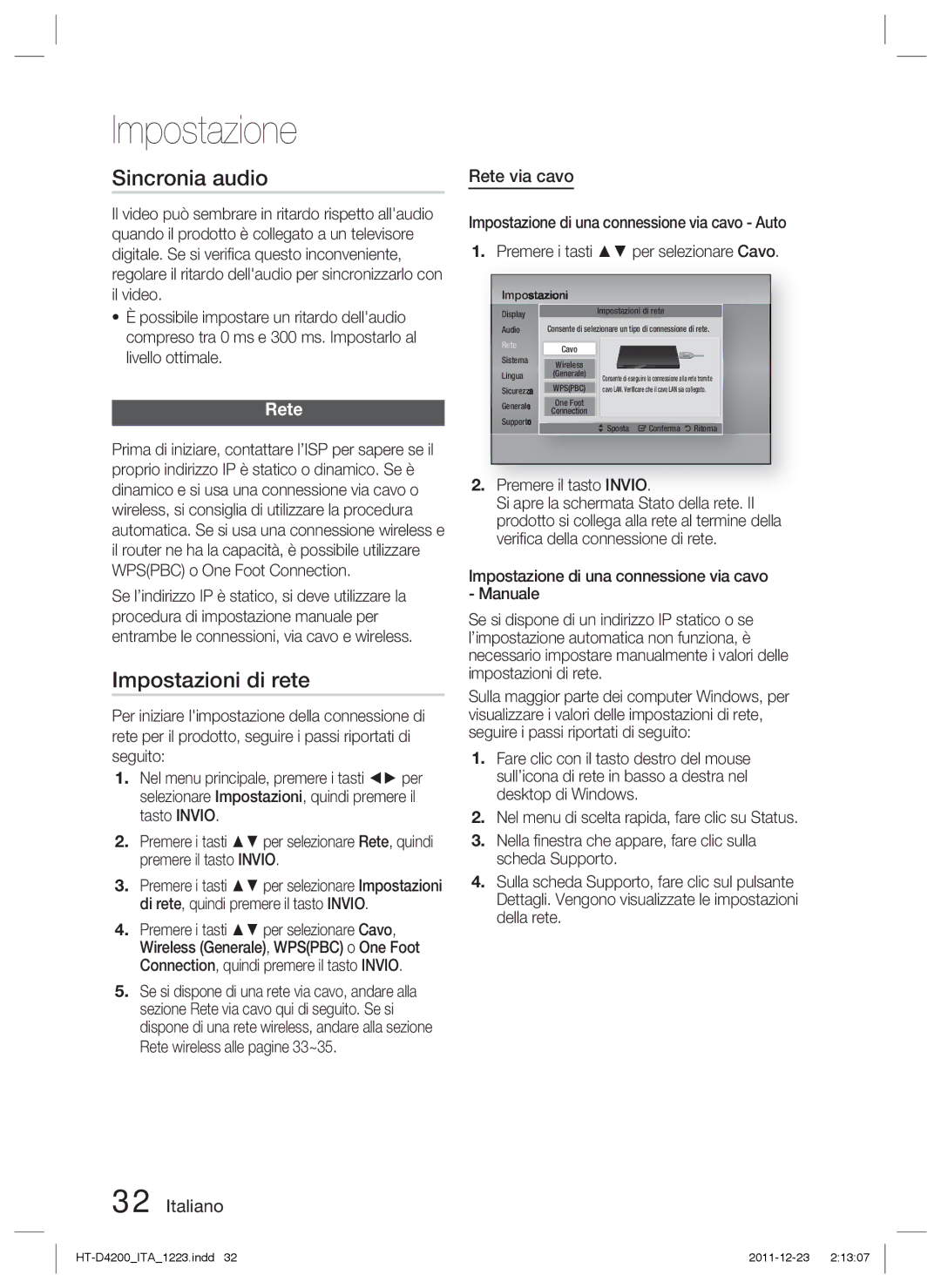 Samsung HT-D4200/XN, HT-D4200/EN, HT-D4200/ZF, HT-D4200/XE manual Sincronia audio, Impostazioni di rete, Rete via cavo 