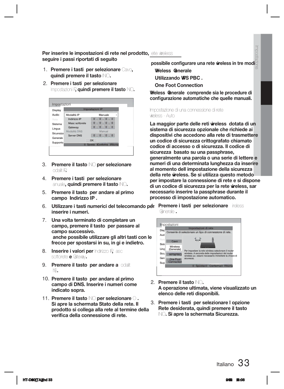 Samsung HT-D4200/EN, HT-D4200/XN, HT-D4200/ZF manual Rete wireless, Wireless Generale Utilizzando Wpspbc One Foot Connection 