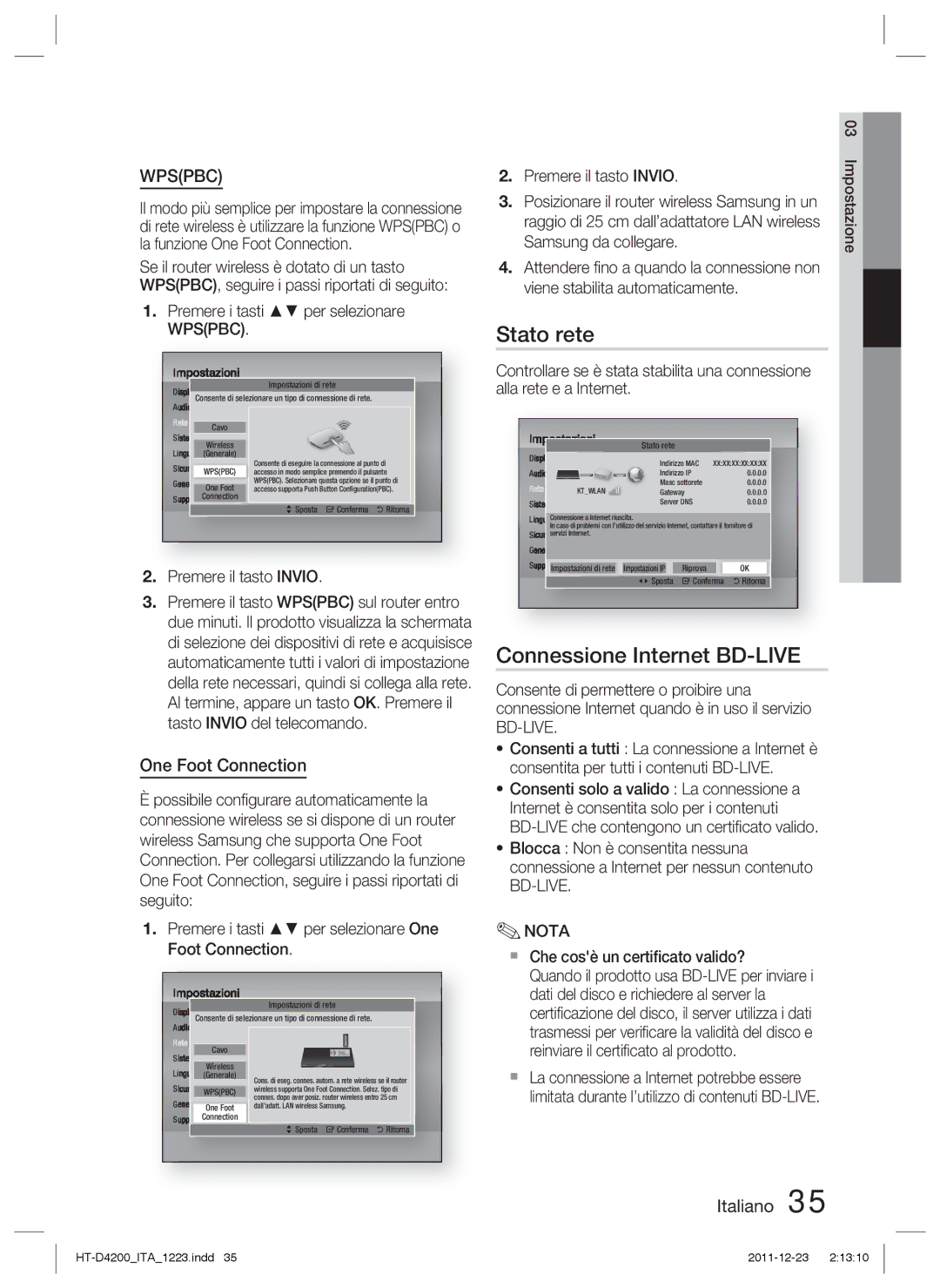 Samsung HT-D4200/XE, HT-D4200/XN, HT-D4200/EN, HT-D4200/ZF manual Stato rete, Connessione Internet BD-LIVE 