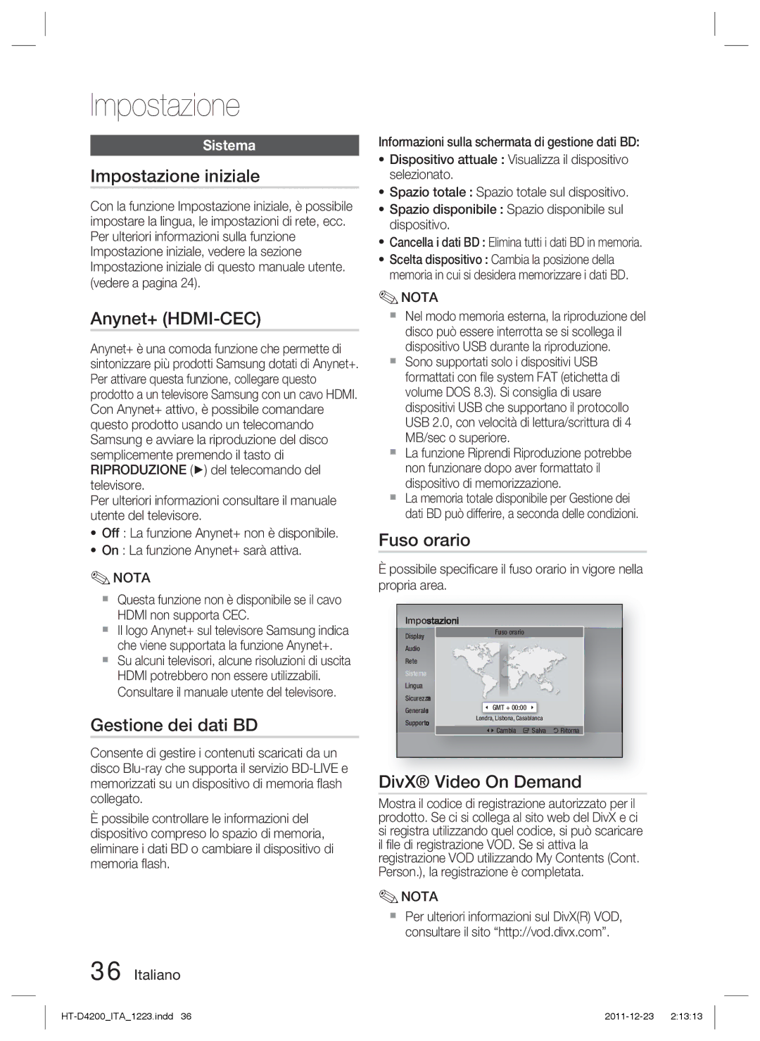 Samsung HT-D4200/XN, HT-D4200/EN, HT-D4200/ZF, HT-D4200/XE Impostazione iniziale, Gestione dei dati BD, Fuso orario, Sistema 