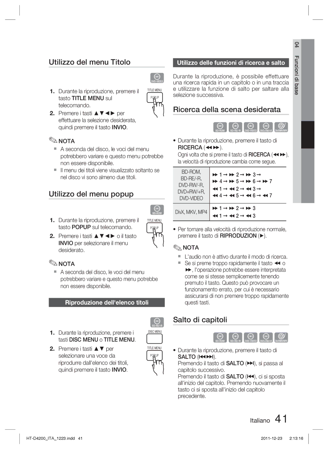 Samsung HT-D4200/EN Utilizzo del menu Titolo, Ricerca della scena desiderata, Utilizzo del menu popup, Salto di capitoli 