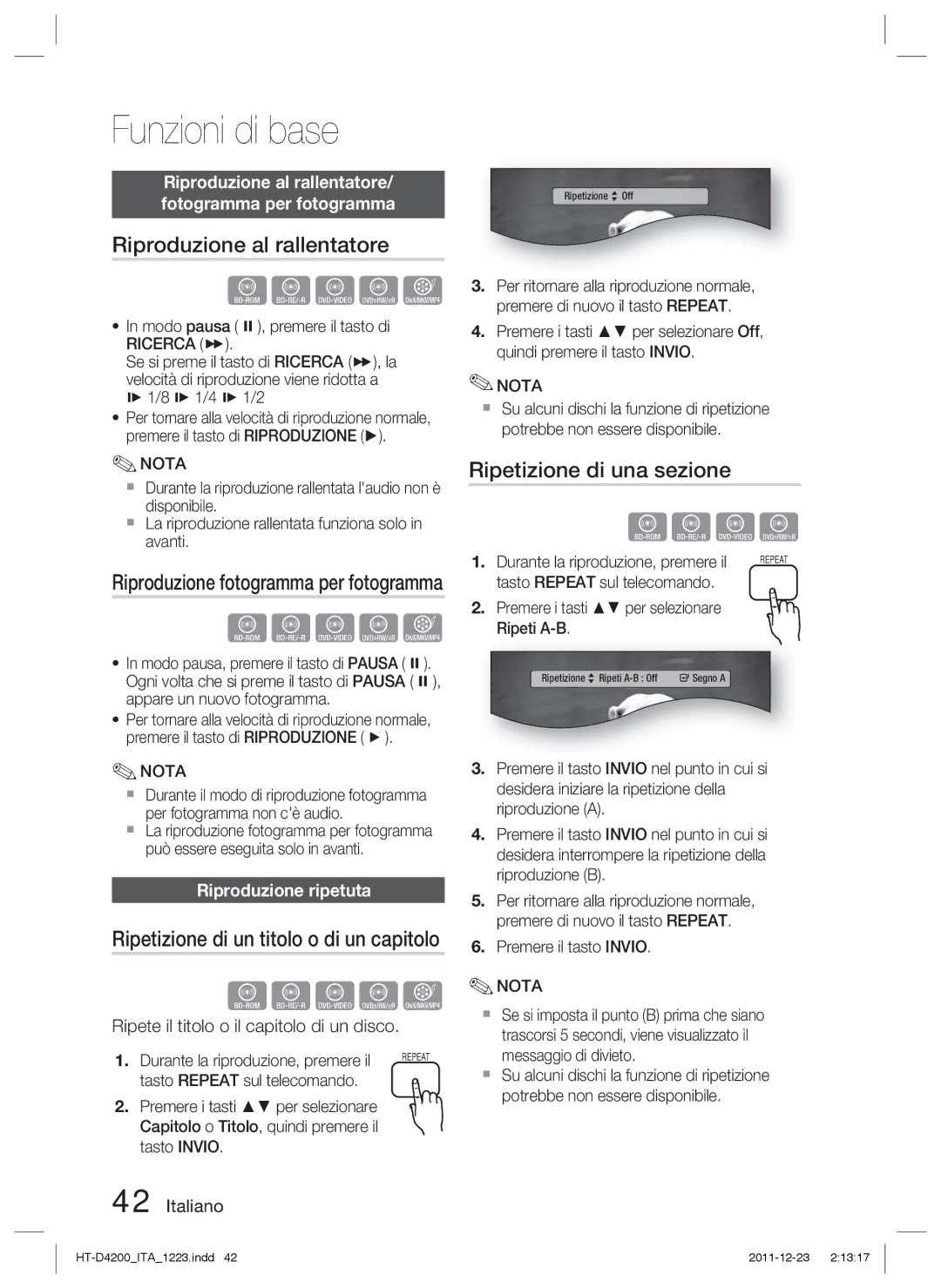 Samsung HT-D4200/ZF, HT-D4200/XN manual Riproduzione al rallentatore, Ripetizione di una sezione, Riproduzione ripetuta 