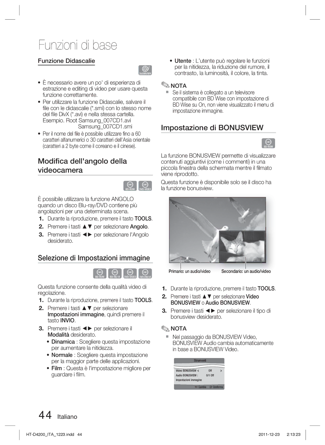 Samsung HT-D4200/XN Modiﬁca dellangolo della videocamera, Impostazione di Bonusview, Selezione di Impostazioni immagine 