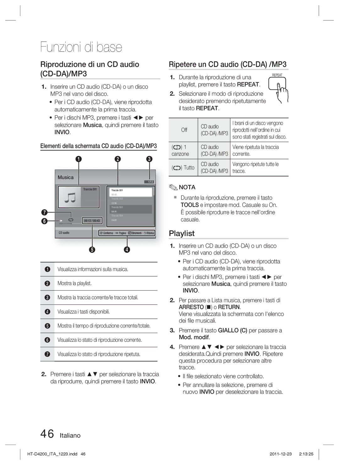 Samsung HT-D4200/ZF, HT-D4200/XN, HT-D4200/EN manual Riproduzione di un CD audio CD-DA/MP3, Ripetere un CD audio CD-DA /MP3 