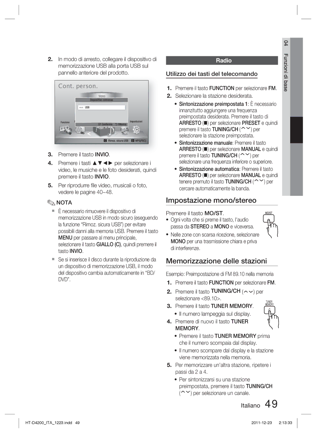 Samsung HT-D4200/EN Impostazione mono/stereo, Memorizzazione delle stazioni, Radio, Utilizzo dei tasti del telecomando 