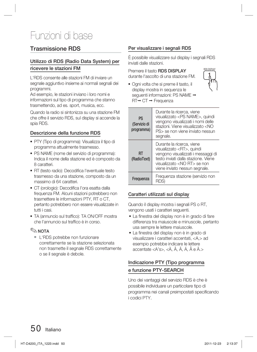 Samsung HT-D4200/ZF, HT-D4200/XN manual Trasmissione RDS, Descrizione della funzione RDS, Per visualizzare i segnali RDS 