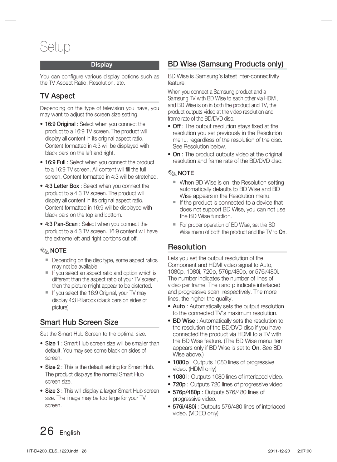 Samsung HT-D4200/ZF, HT-D4200/XN manual TV Aspect, Smart Hub Screen Size, BD Wise Samsung Products only, Resolution, Display 