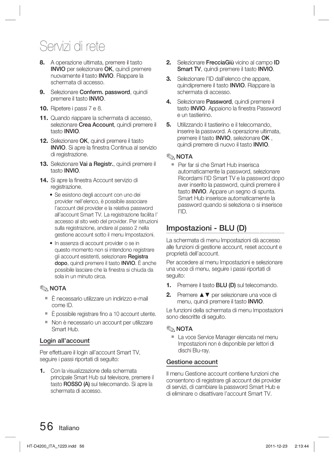 Samsung HT-D4200/XN, HT-D4200/EN, HT-D4200/ZF, HT-D4200/XE manual Impostazioni BLU D, Login all’account, Gestione account 