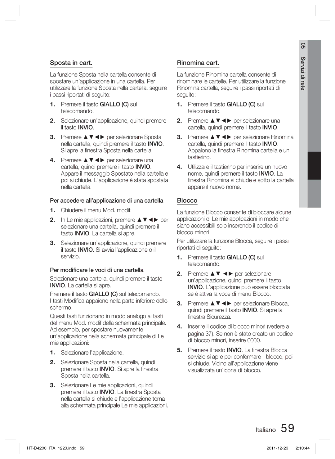 Samsung HT-D4200/XE, HT-D4200/XN, HT-D4200/EN, HT-D4200/ZF manual Sposta in cart, Rinomina cart, Blocco 