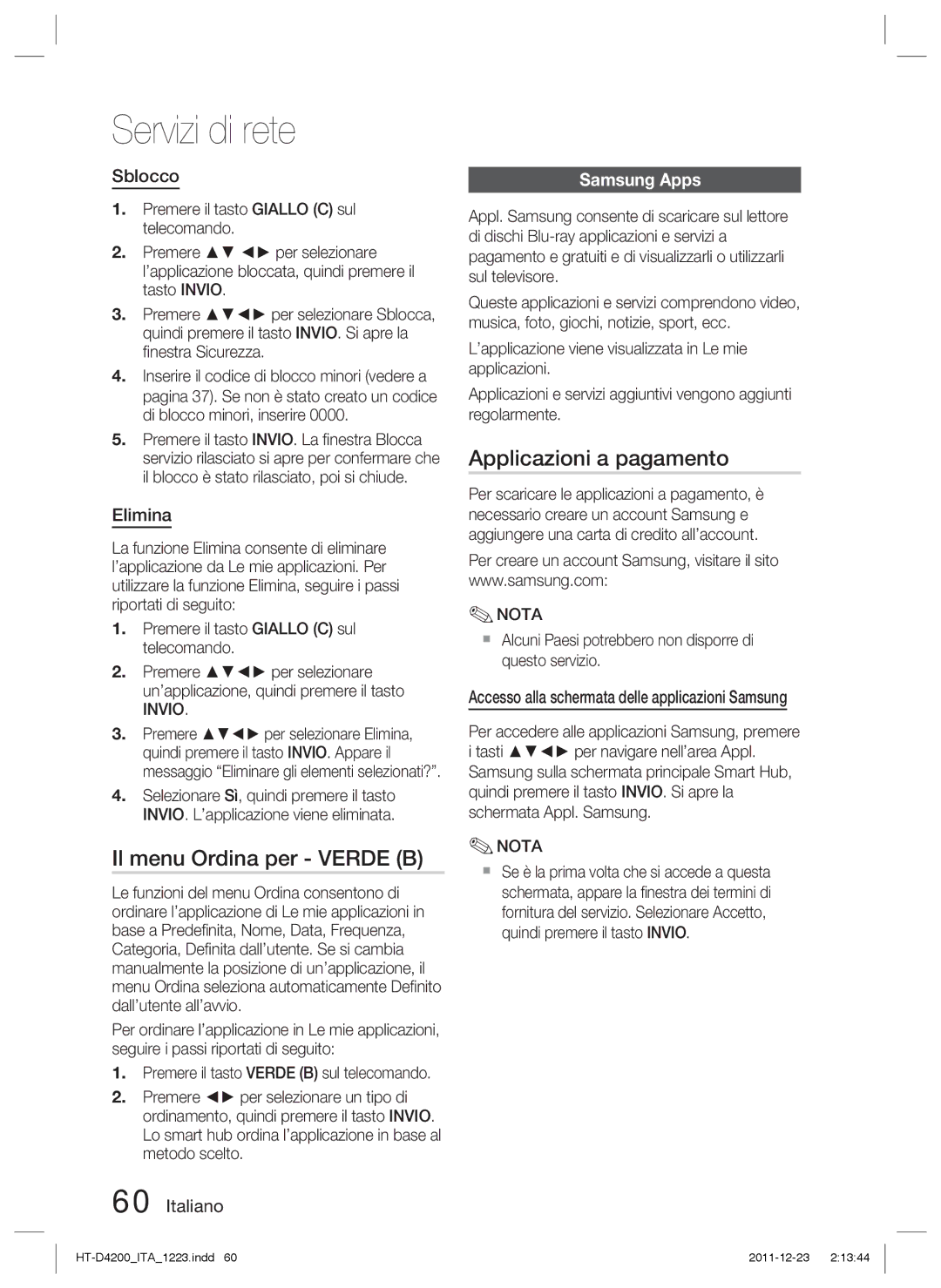 Samsung HT-D4200/XN, HT-D4200/EN, HT-D4200/ZF manual Il menu Ordina per Verde B, Applicazioni a pagamento, Sblocco, Elimina 